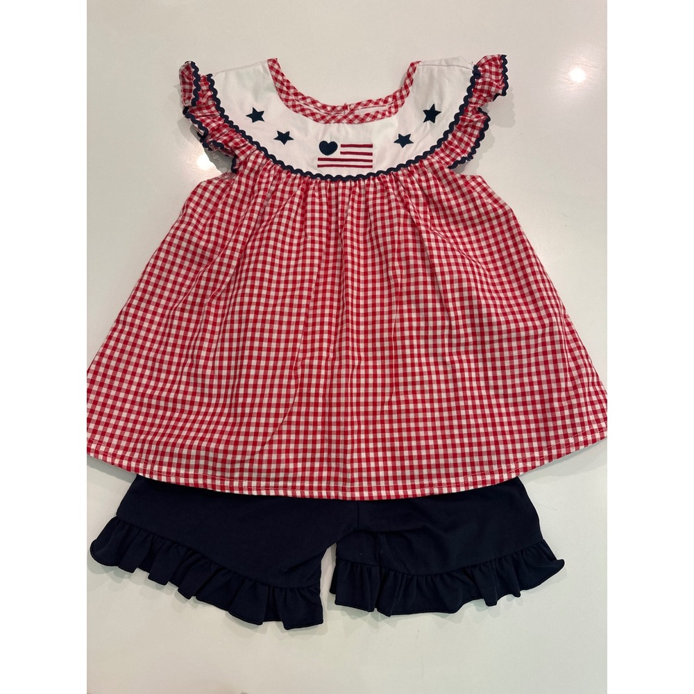 Handmade Girls Patriotic Gingham Flag Embroidery Ruffle Short Set Red White Blue
